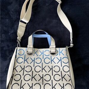 Calvin Klein White and Blue Geometric Tote Bag